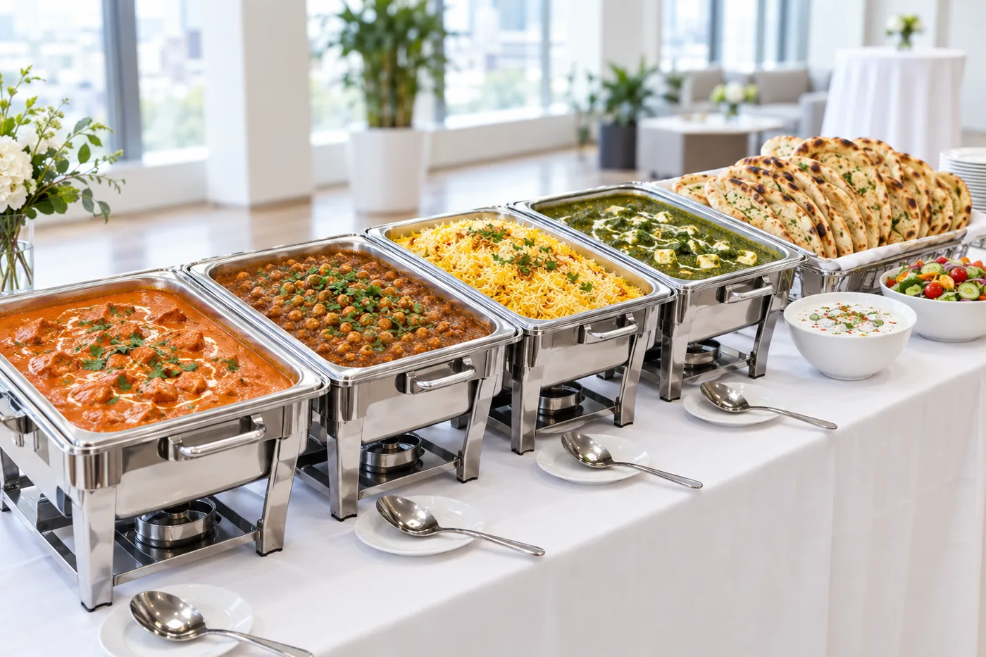 Indian catering buffet with chafing dishes of curries, rice and naan